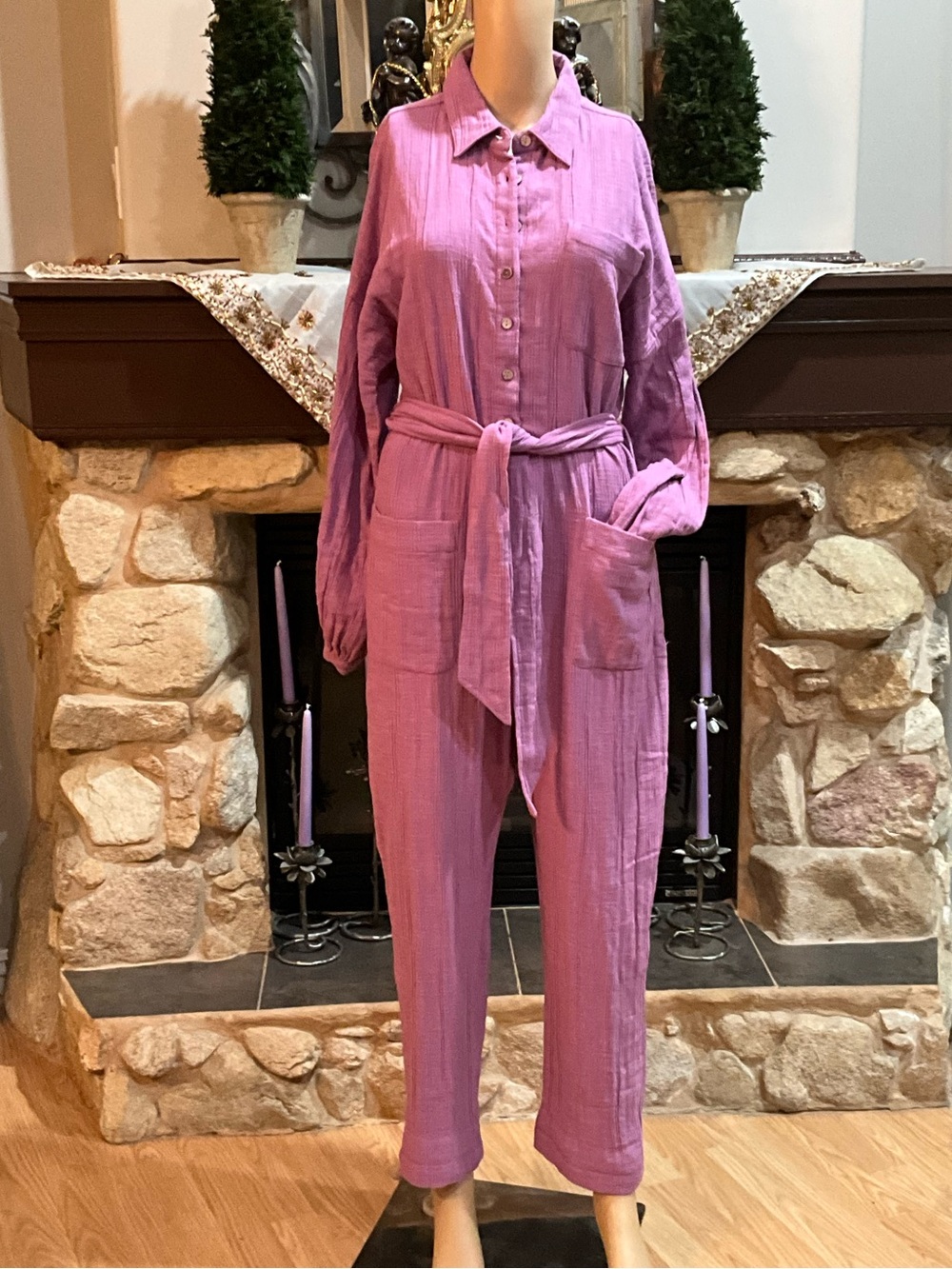 Free People Lavender-Pink Button-Front Linen Jumpsuit with Tie Belt